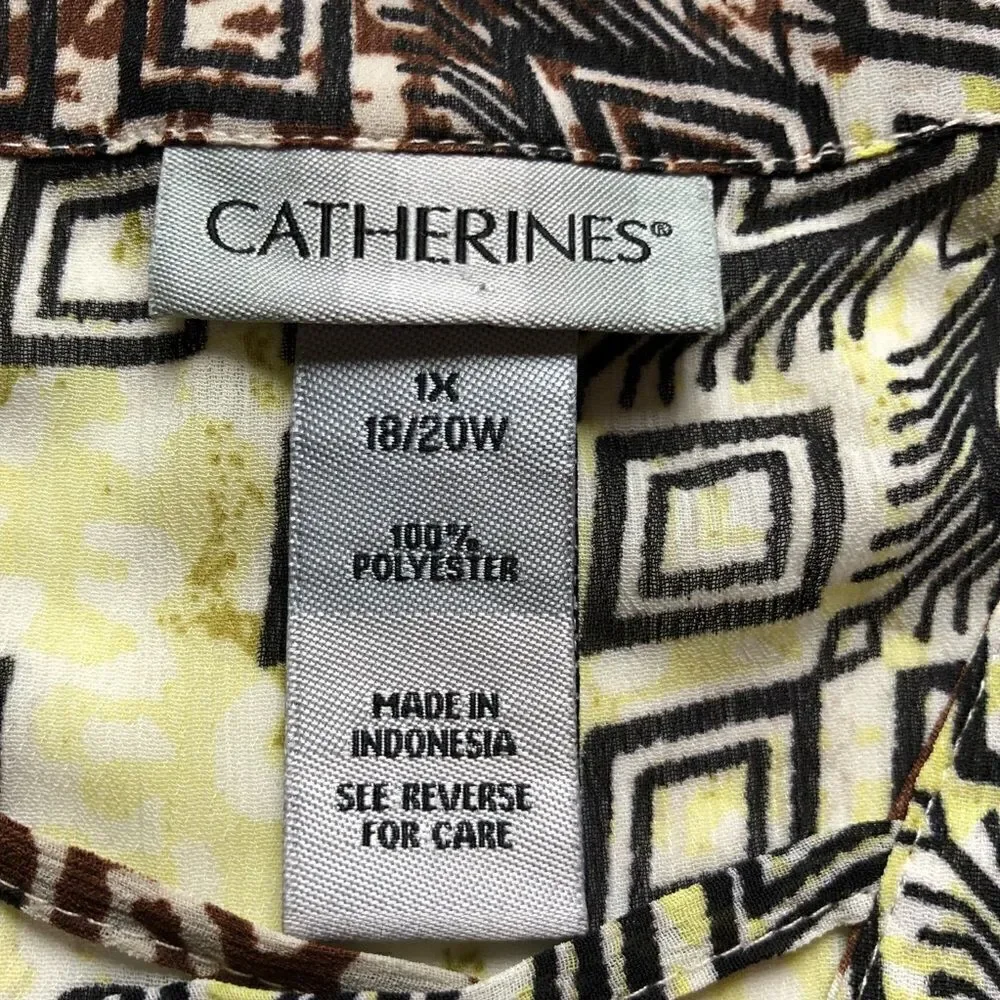 Catherines Tunic Blouse light weight, black yellow and brown print v-neck 1X